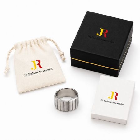 Silver wide band ring presented with custom white label packaging, perfect for B2B wholesale jewelry brands and OEM/ODM.