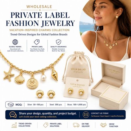 Wholesale private label vacation charm necklaces and shell earrings with custom packaging for OEM clients.