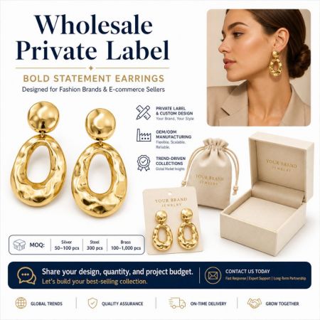 Wholesale private label bold hammered gold statement earrings designed for fashion brands with custom OEM packaging.