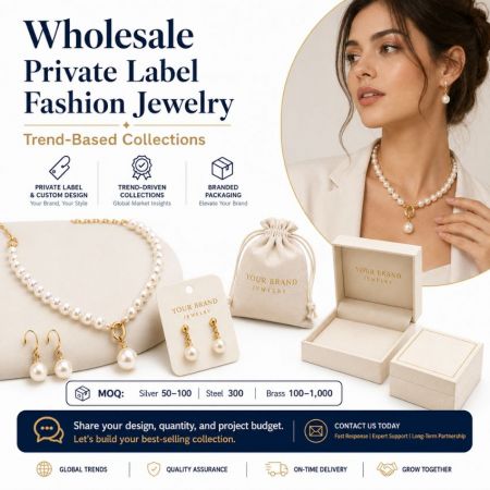 Trend-based wholesale private label pearl necklaces and drop earrings with branded packaging for fashion retailers.