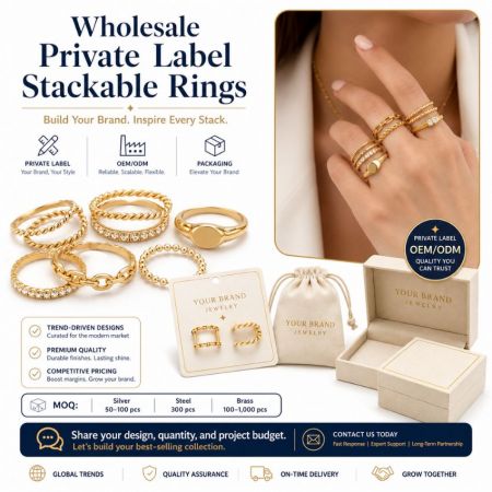 Wholesale private label stackable gold rings collection showcasing diverse designs and custom OEM packaging solutions.