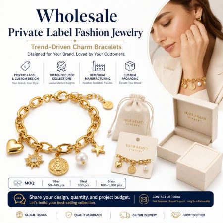Wholesale private label trend-driven gold charm bracelets featuring custom pendants and OEM branded packaging support.