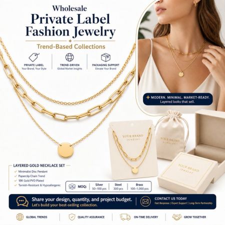 Wholesale private label layered gold necklace sets featuring paperclip chains and disc pendants for B2B fashion brands.