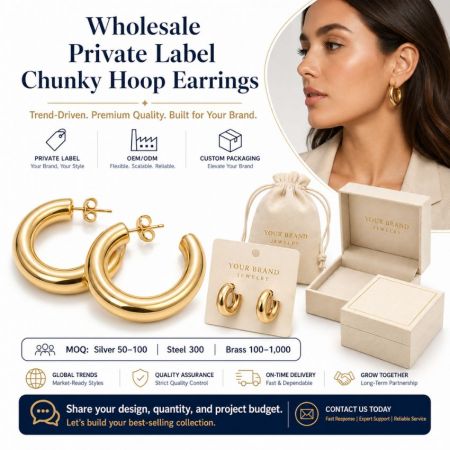 Wholesale private label chunky gold hoop earrings offering premium OEM manufacturing and custom packaging for brands.