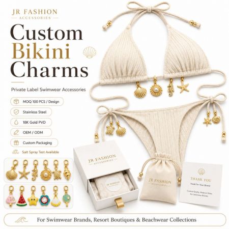 Collection de charms de bikini personnalisés en gros, y compris des designs marins et des designs en émail mignons pour des maillots de bain de marque privée.