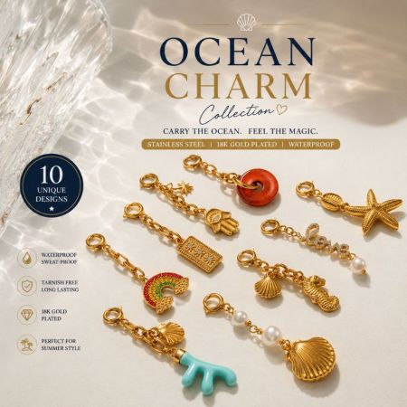 Mise en page marketing de la collection de charms océaniques mettant en avant des bijoux en acier inoxydable étanches plaqués or 18k.