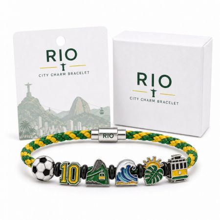 Rio city charm bracelet in yellow and green braid featuring custom enamel soccer jersey and cable car souvenirs.