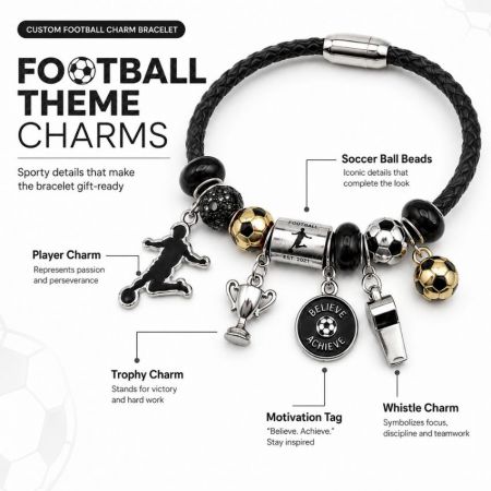 Custom Soccer Football Charm Bracelet Stainless Steel Team Gift - Custom football charm bracelets with branded boxes and pouches for sports event gift shops and clubs B2B wholesale.