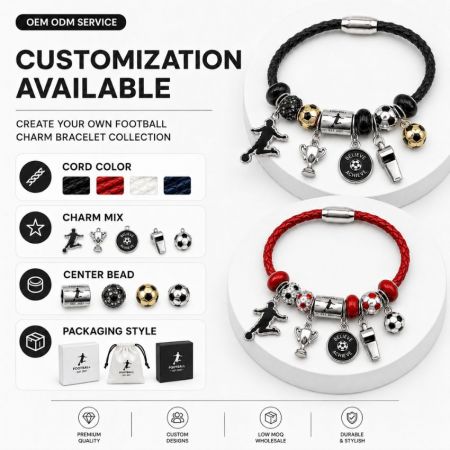 Four color options of custom football charm bracelets in black, red, white, and blue braided leather for wholesale orders.