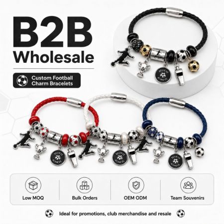 B2B packaging options including gift box, pouch bag, and display card for custom football theme charm bracelets.