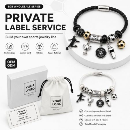 Detailed view of a football theme charm bracelet featuring soccer ball beads, player, trophy, and motivation tag charms.