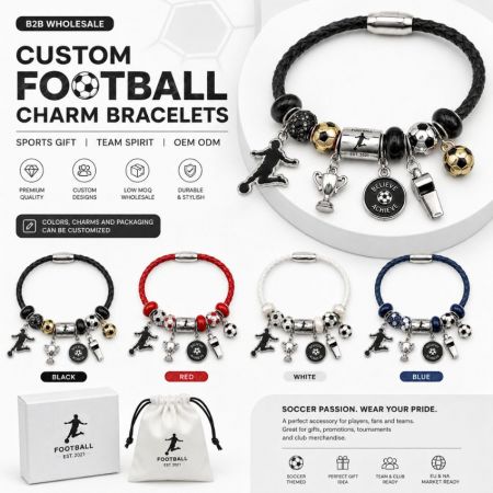 OEM ODM customization available for football charm bracelets with choices for cord colors, charm mixes, and packaging styles.