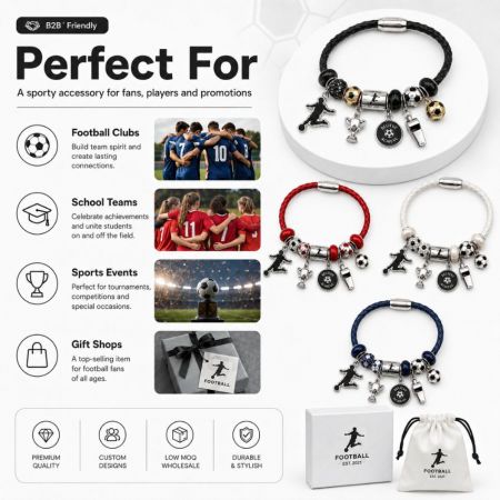 Private label service for sports jewelry lines featuring custom logos on football charms, gift boxes, and pouches.