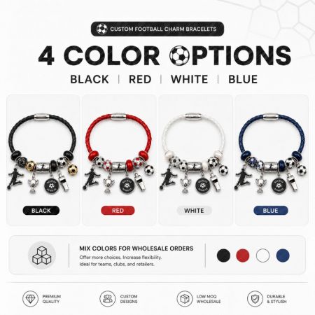 B2B wholesale catalog presentation of custom football charm bracelets in various colors with retail-ready packaging options.