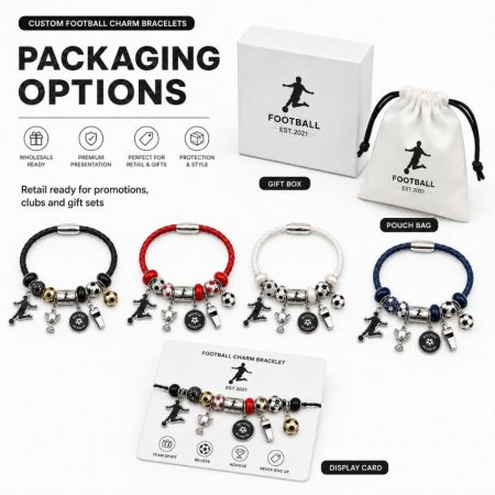Sports gift set featuring custom football themed leather charm bracelets with gift-ready boxes, pouches, and thank you cards.