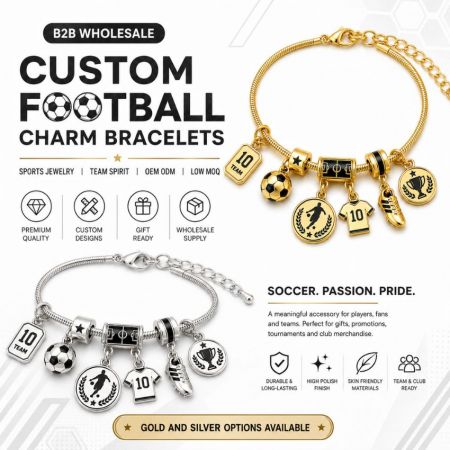 Custom Soccer Charm Bracelet Stainless Steel Team Gift - Custom football charm bracelets with premium gift box and velvet pouch packaging options for retail merchandise wholesale.