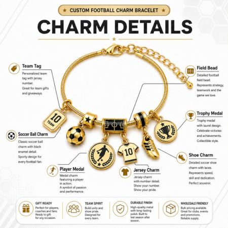 Gold custom football charm bracelet diagram detailing team tags, soccer balls, and jersey charms for bulk orders.