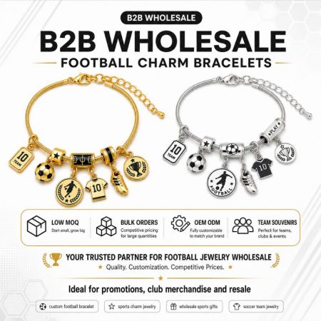 B2B wholesale promotional football charm bracelets in gold and silver finishes, perfect for sports team souvenirs.