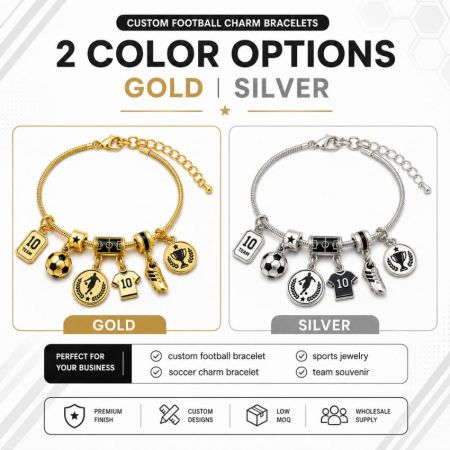 Gold and silver custom soccer charm bracelets for retail business supply with premium finishes and low MOQ.