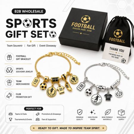 B2B wholesale sports gift set including football charm bracelets, custom gift boxes, velvet pouches, and cards.