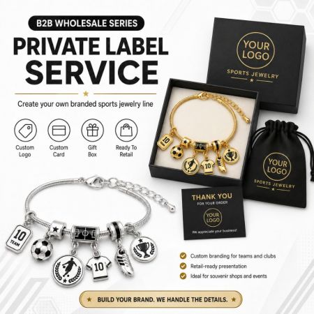 Private label service for custom sports jewelry lines featuring branded packaging, boxes, and velvet pouches.