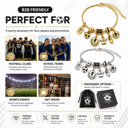 Custom soccer team jewelry for football clubs and school teams, showing promotional gifts and packaging options.
