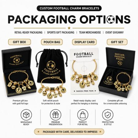 Retail-ready packaging options for custom football bracelets including gift boxes, pouch bags, and display cards.