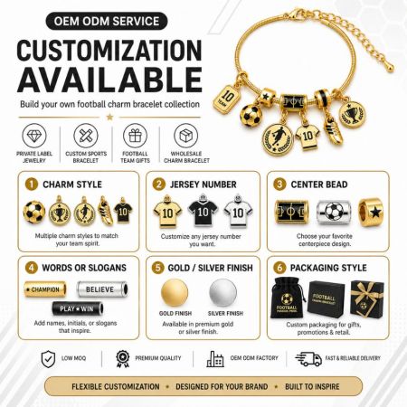 OEM ODM customization steps for custom football charm bracelets, highlighting charms, finishes, and packaging options.