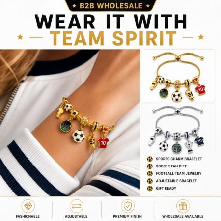 Custom Adjustable Soccer Charm Bracelet Gift Ideas for Teams - Adjustable sports charm bracelet worn on wrist next to gold and silver soccer team jewelry options for B2B wholesale.