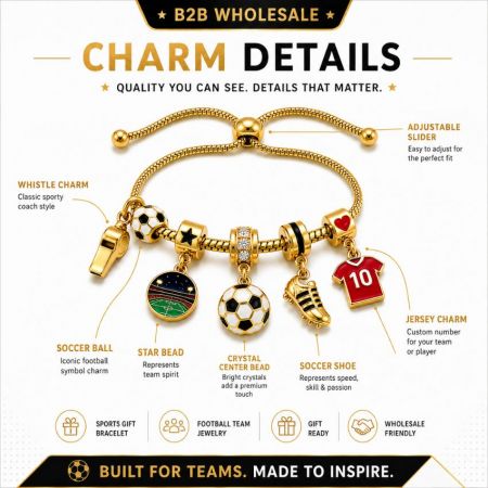 Gold football team jewelry details showing adjustable slider, center bead, and custom jersey charm for sports gifts.
