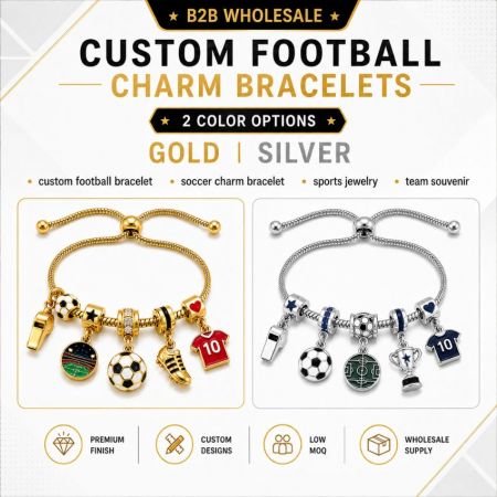 Custom football charm bracelets in gold and silver color options with wholesale supply services and low MOQ.