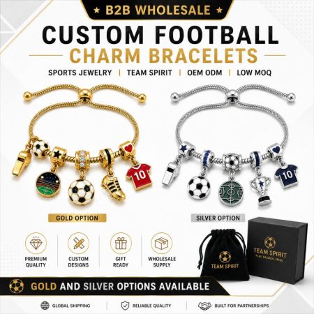 Gold and silver sports jewelry options for soccer charm bracelets featuring OEM ODM service and branded packaging.