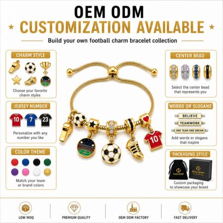 OEM ODM customization guide for adjustable football charm bracelet showing charm styles, center beads, and logos.