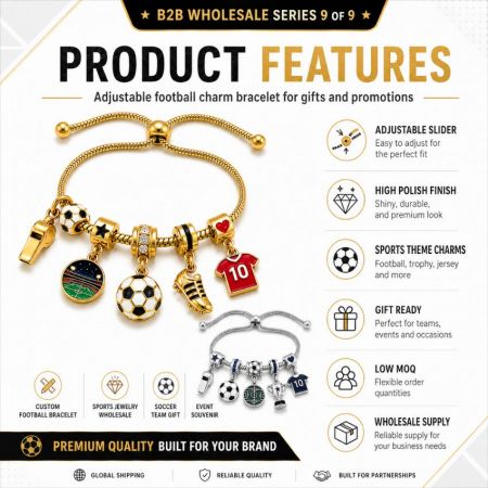 Adjustable football charm bracelet product features detailing high polish finish and sports theme charms for wholesale.