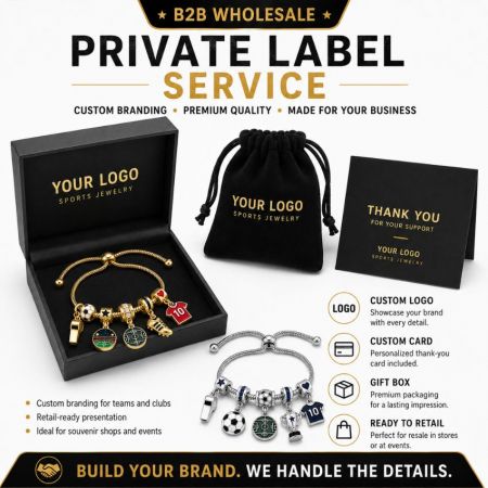 Private label service for custom branding sports jewelry line with premium gift box, pouch bag, and thank you card.