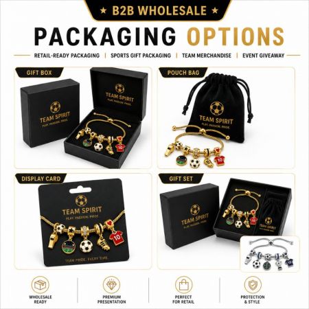 Retail-ready packaging options for team merchandise including gift box, pouch bag, display card, and gift set.