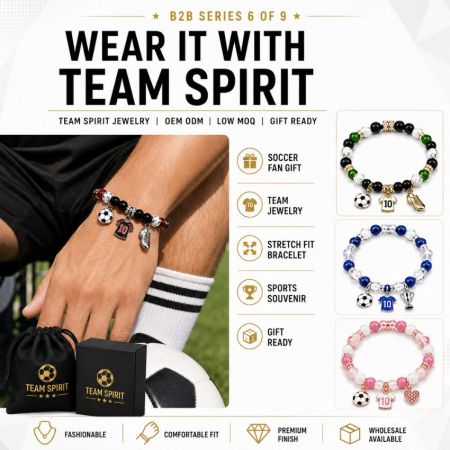 Four team color options of custom football bead bracelets including green, blue, pink, and red-black styles for wholesale.