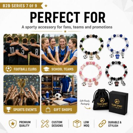 Detailed view of soccer charm bracelet materials showcasing crystal spacers, jersey charms, and stretch bead design.