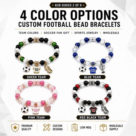Lifestyle view of a custom soccer fan gift charm bracelet worn on a wrist alongside retail-ready packaging.