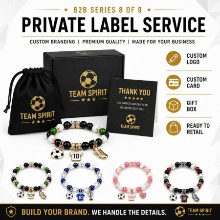 Private label service for team spirit sports jewelry featuring custom branded gift boxes, cards, and velvet pouches.