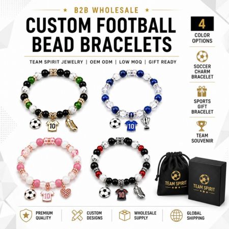 B2B wholesale catalog for custom football bead bracelets with 4 color options, low MOQ, and global shipping.