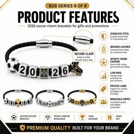 2026 Soccer Charm Bracelet Custom Sports Gift Collection - Custom 2026 soccer charm bracelets with premium stainless steel beads and a secure clasp for sports gift wholesale.