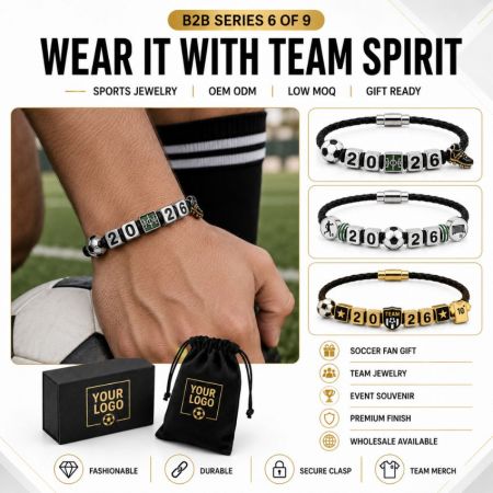 Detailed view of a 2026 soccer charm bracelet with a magnetic clasp, braided leather, and customizable number cubes.