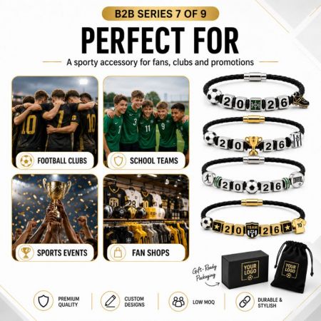 OEM ODM customization options for 2026 soccer bracelets, featuring custom number cubes, logo beads, and custom finishes.