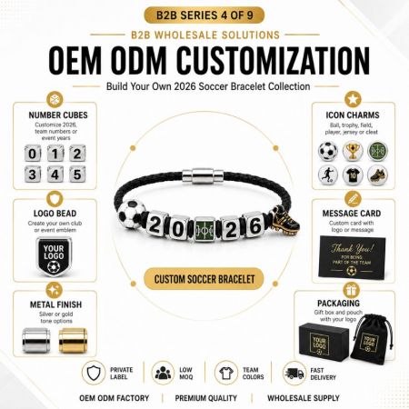 B2B packaging options for 2026 soccer bracelets, including custom gift boxes, pouch bags, and branded display cards.