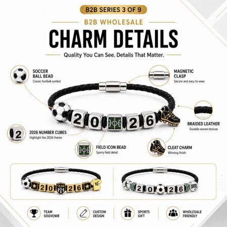 Lifestyle view of a custom 2026 soccer charm bracelet on a wrist, featuring a durable secure clasp and team branding.