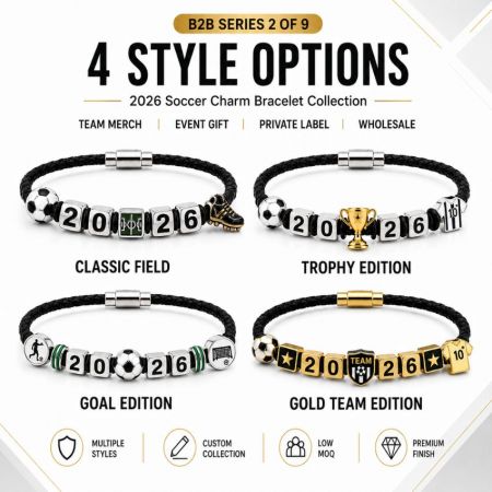 Private label service for 2026 soccer charm bracelets, showcasing custom branded boxes, pouches, and thank you cards.