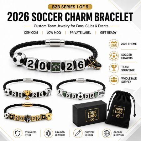 B2B wholesale catalog for custom 2026 soccer charm bracelets with braided leather bands and global shipping support.