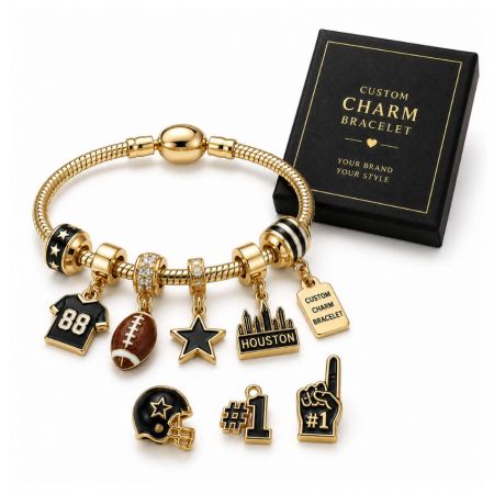 Custom gold sports charm bracelet featuring Houston city line, football, and jersey charms with a retail gift box.