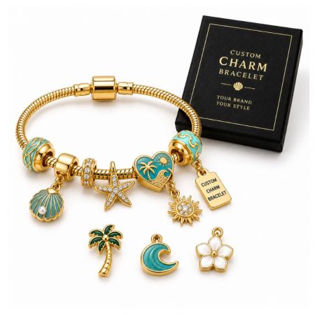 Custom beach charm bracelet featuring gold starfish, shell, and palm tree charms with turquoise enamel details.
